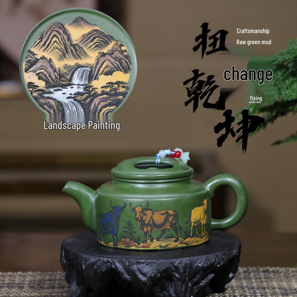 Turn the Tide Handmade Yixing Zisha Teapot Set by Famous Artist in Original Green Clay 310ml