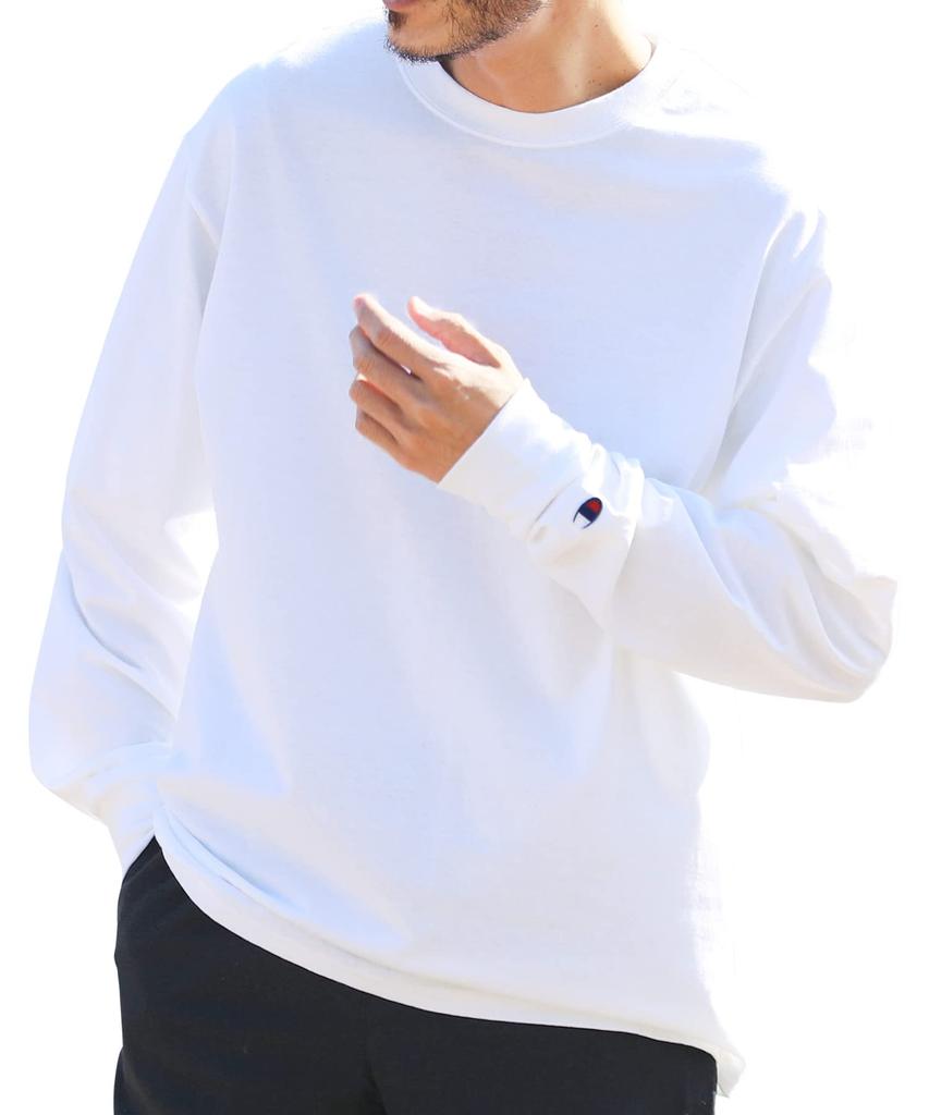 Champion Long Sleeve with Size White Men's T-Shirt One-Point Logo, Basic, L,
