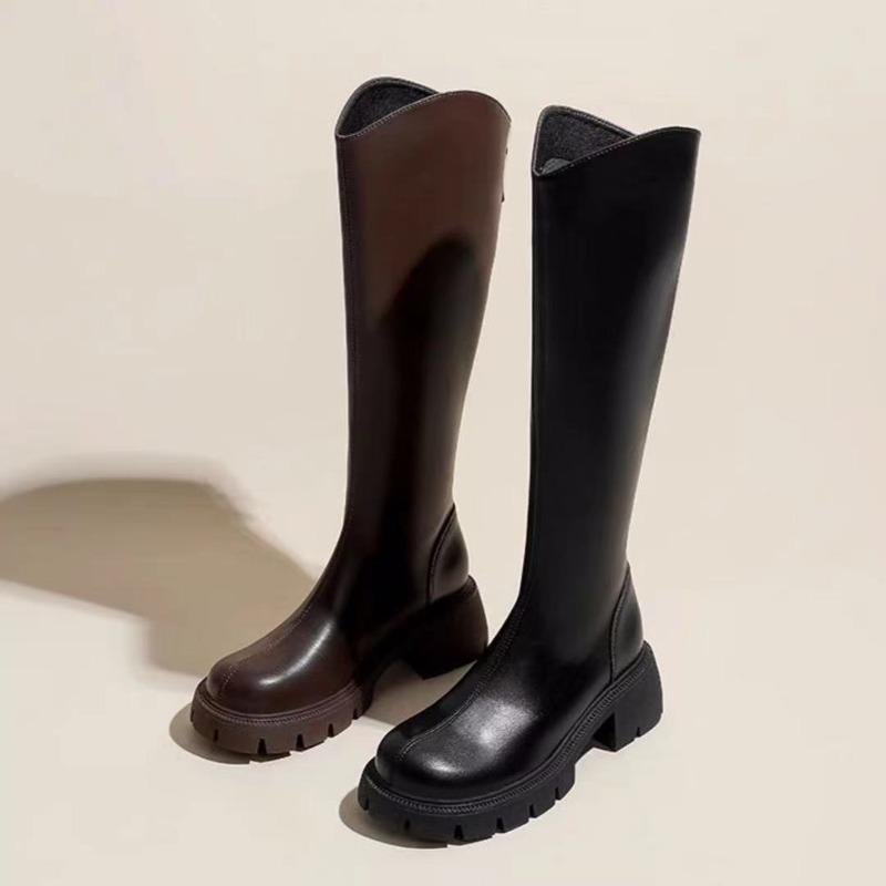 Long Boot Women's New Hit Style Thick-soled Wide-heel High-top Shoes Soft Leather Boots