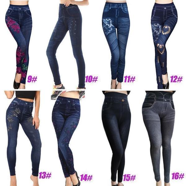 Women Printed Tight-fitting Super Stretch Leggings High Waist Outer Wear Sexy Close-fitting Imitated Denim Jean Leggings(Suitable for Weight 40-85kg)