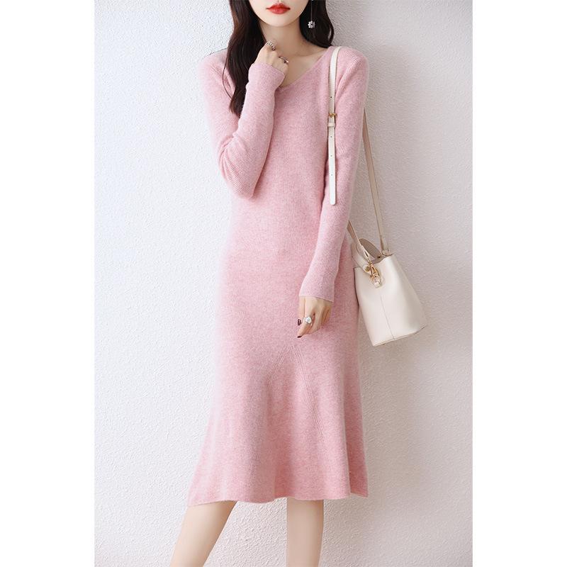 V-Neck Wool-Cashmere Sweater Dress for Women - Slim Fit, Mid-Length, Over-the-Knee, Autumn/Winter Style