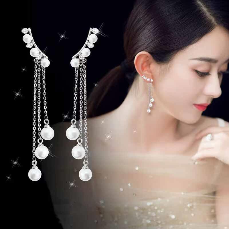 Zircon Earrings Long Pearl Chain Tassel Dangle Earrings Fashion Elegant Women Weeding Party Jewelry Gift Accessories
