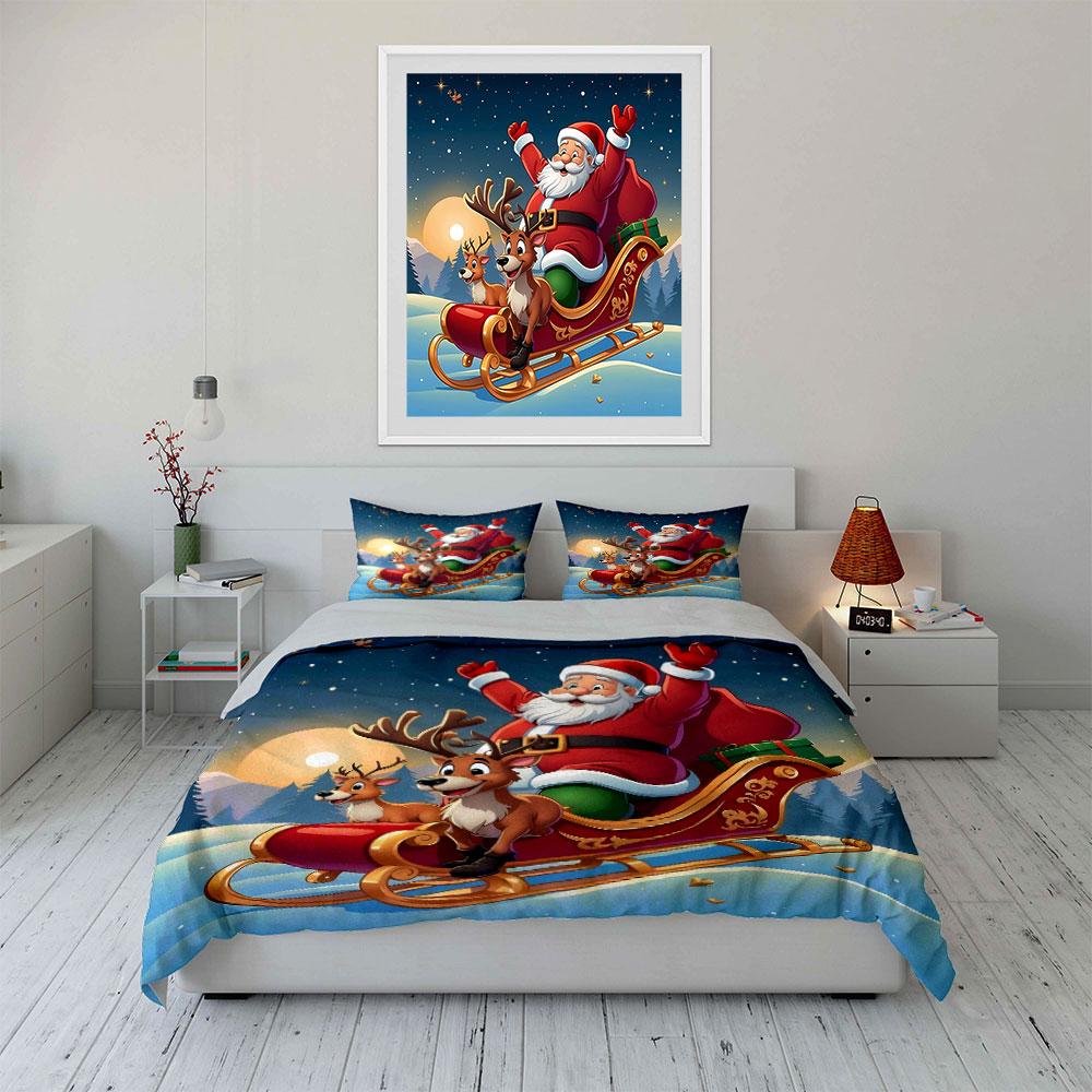 Santa Claus Sleigh with Reindeer Bedding Duvet Cover Set Duvet Cover Pillowcases (1*Duvet Cover 2*Pillowcases, Without Duvet Insert)