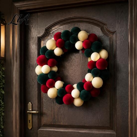 Seasonal Decorative Craft Wreath Christmas Pom for Front Door, Red Green White Velvet Elegant Atmosphere Prop Flocking Hanging Holiday Party,