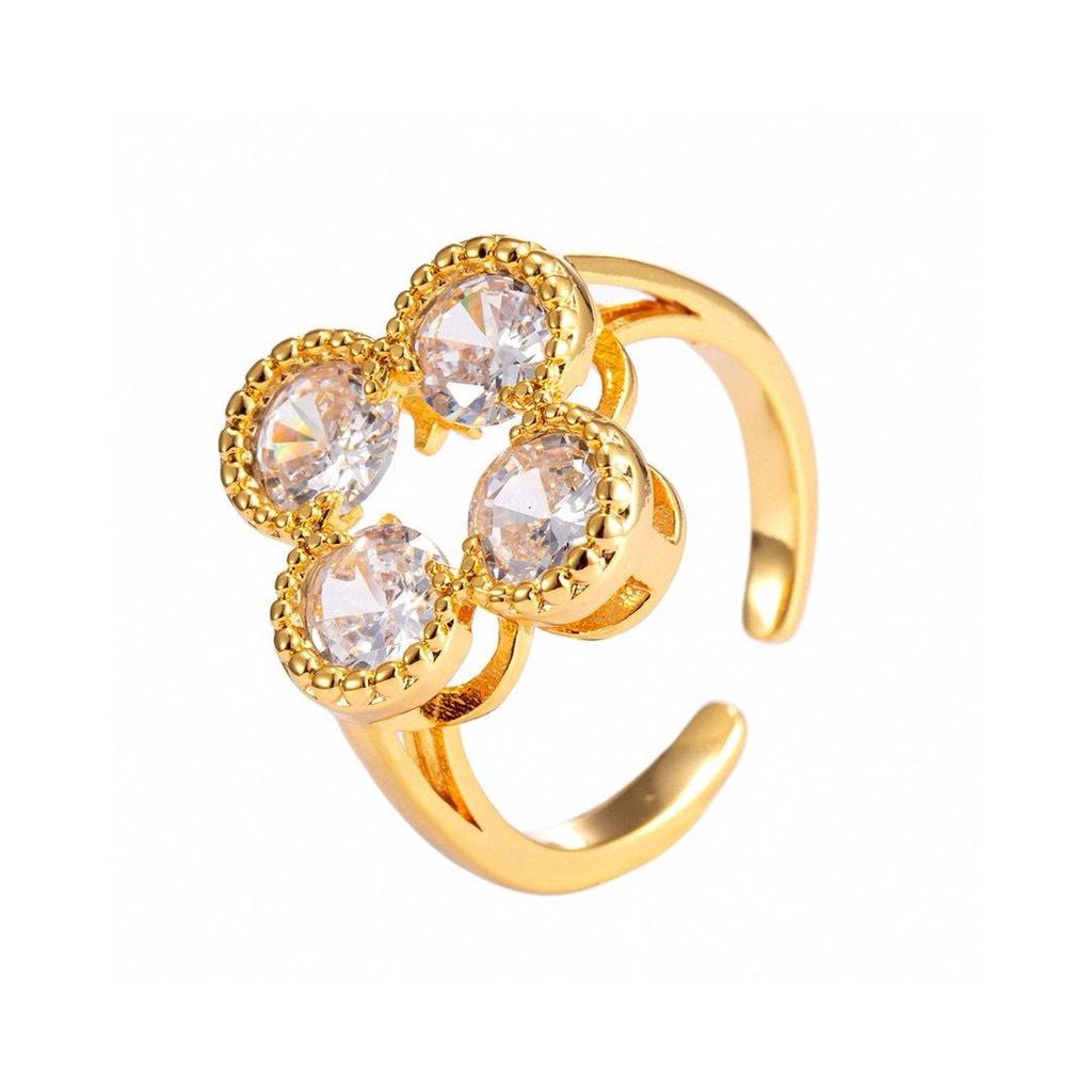CHHC Classic High-End Gold-Plated Four-Leaf Clover Ring with Inlaid Stones, Adjustable Size, for Women.