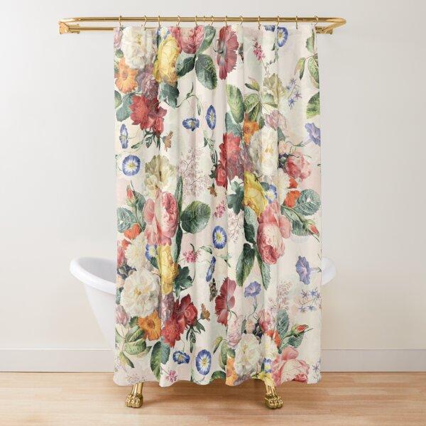 Cortina de ducha con diseño floral, color rosa oscuro, negro, rojo, verde, hojas, flores coloridas, mariposas, cortinas góticas para baño, decoración vintage para baño