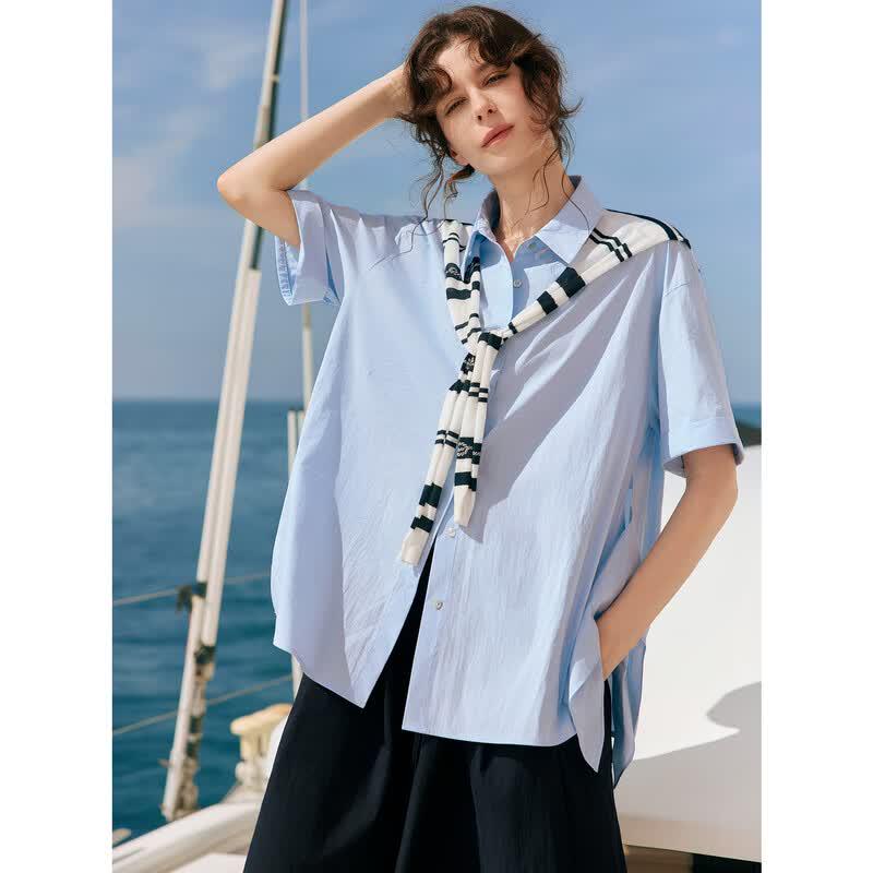 ELLE Women s Striped Shawl Casual Tencel Shirt S синий