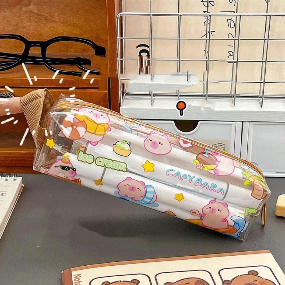 Kawaii Capybara Pen Bag Cartoon Stationery Storage Bag Transparent Pencil Case  Student Gift