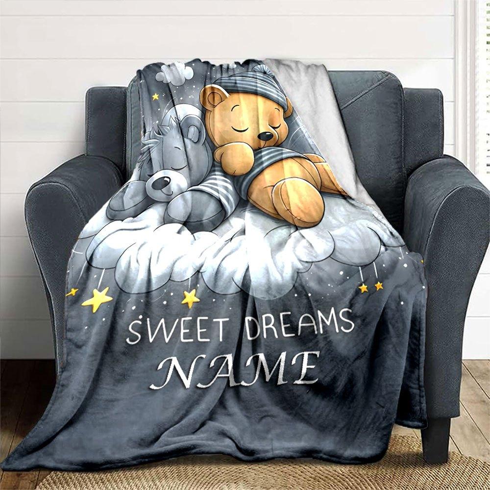 Cute Teddy Bears Sleeping On Clouds With Sweet Dreams Gift Customizable Blanket Personalized Name Soft Cozy Great For Sofa Couch Office Bed Picnics