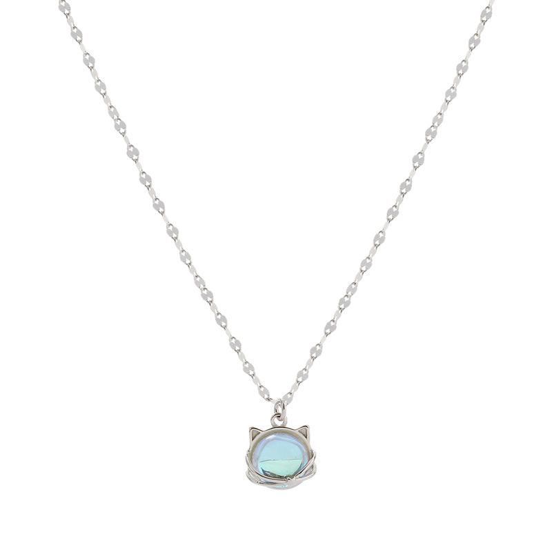 VENTFILLE 925 Sterling Silber Farbe Aurora Katze Halskette Damen Temperament Süß Mondstein Miau Planet Schlüsselbein Kette Schmuck Geschenk