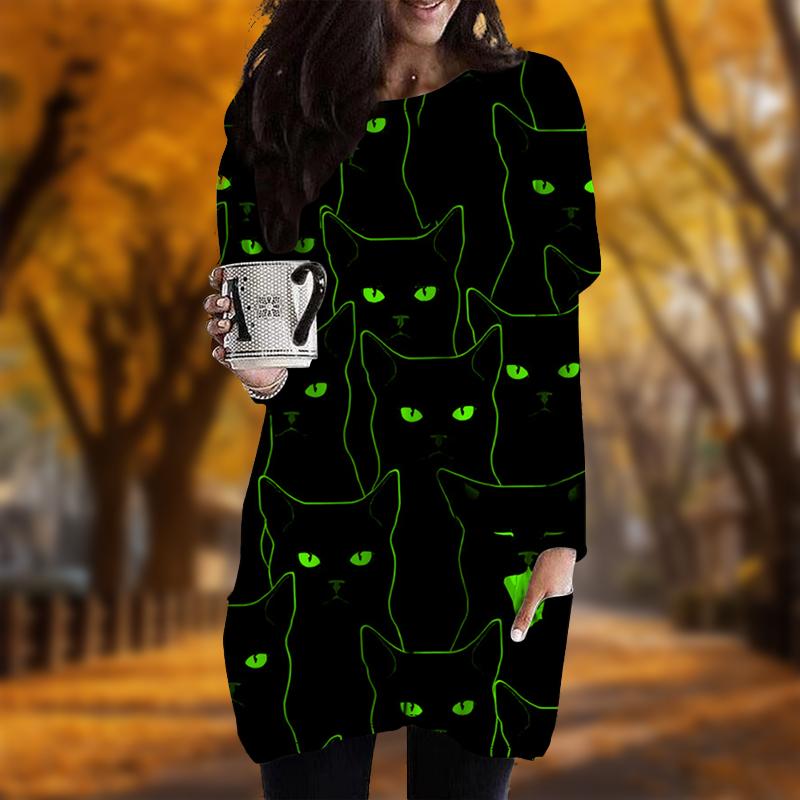 

Новинка осени Холодное сердце Кошка Принт Плюс Размер Платье Женщин О-образным Вырезом Длинные Рукава Повседневные Карманные Платья 5XL