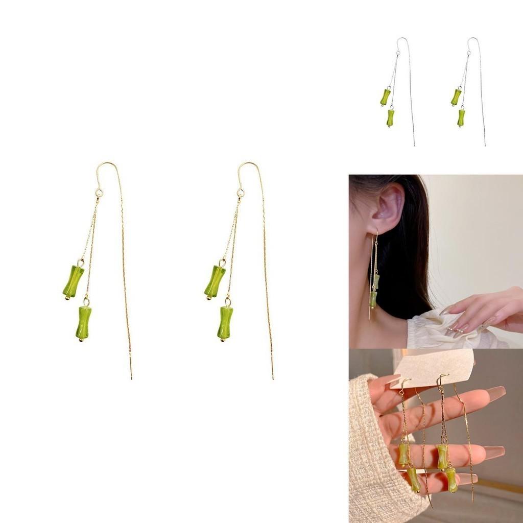 Vintage Bamboo Earrings Chinese Style Copper Ear Drops Long Fringe Green Bamboo Ear Thread