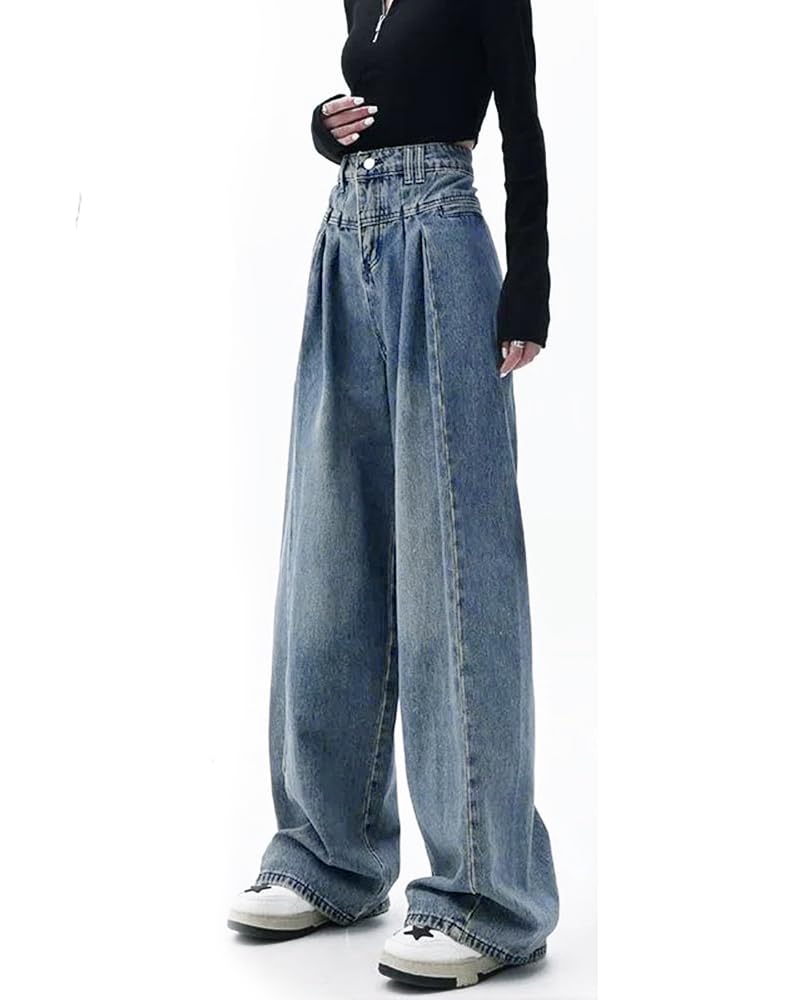 MTUIOY Denim Gaucho Locker Hohe Entspannte Weite Hosen, Damen Jeans, Hosen, Passform, Taille, Einfach, Figurschmeichelnd, Lässig, Stilvoll, Beinverlängernd,
