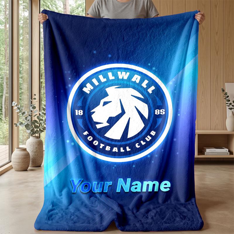 Millwall Custom Name Text Flannel Blanket Soccer Logo Personalized Fleece Throw Blanket Special Gift For Sofa Bedroom Home