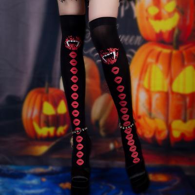 Overknee-Strümpfe für Damen, Sommer, Schwarz, Lippenstrümpfe, Mittelgroße Strümpfe, Geisterparty, Halloween, Dunkle Strümpfe