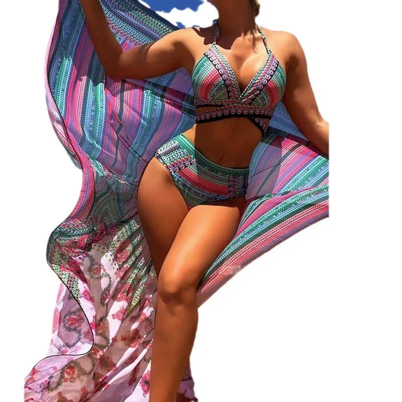 [Europese en Amerikaanse Retro Vakantie Zwempak Dames] Patroon Gesplitste Bikini Lange Blouse Drie Delig Zwempak