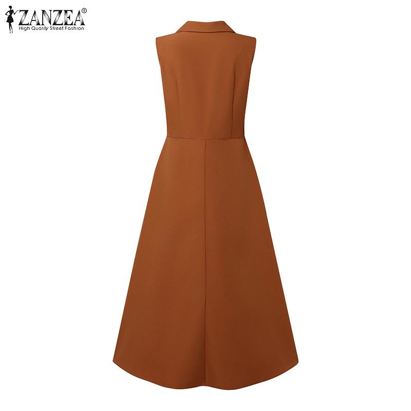 ZANZEA Women Summer Turn Down Collar Casual Sleeveless Long Dress