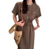 South Korea Dongdaemun summer new commuter fashion temperament round neck drawstring waist short sleeve dress women