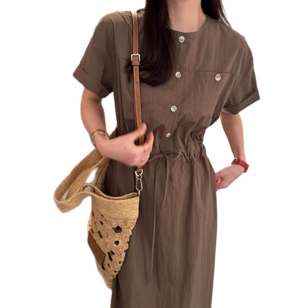 South Korea Dongdaemun summer new commuter fashion temperament round neck drawstring waist short sleeve dress women