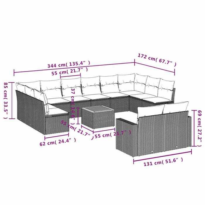 VidaXL Salon de Jardin avec Coussins 13 pcs, Canapés de Patio, Ensemble de Meubles, Mobilier de Terrasse Exterieur, Gris 3256691