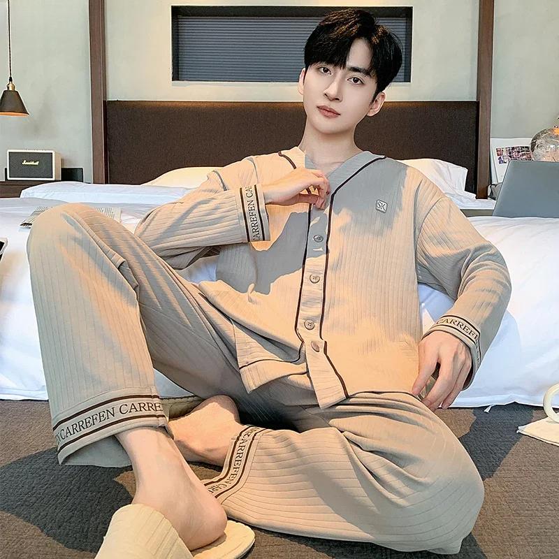 Spring Autumn Men Pajamas Soft Long Sleeves Long Pants Pijamas Man Home Wear V-neck Fashion Man Loungewear