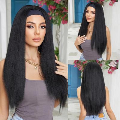Elegant Synthetic Headband Wig Long Wavy Curly Black Straight Wigs with Headbands for Women and Girls Heat Resistant