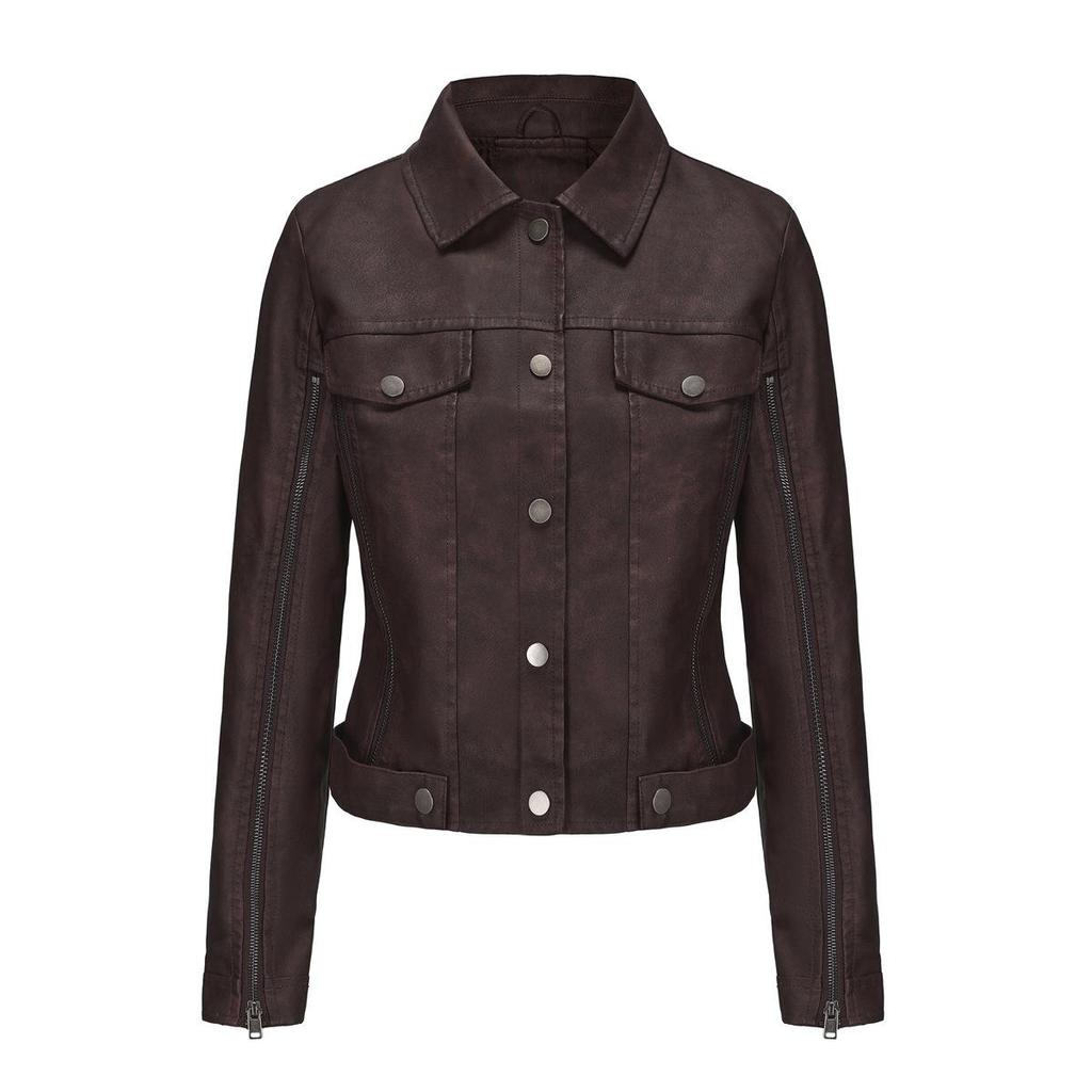 Podzim Zima Dámská klopový límec Dlouhý rukáv Slim Fit Zip Pu Kožená bunda