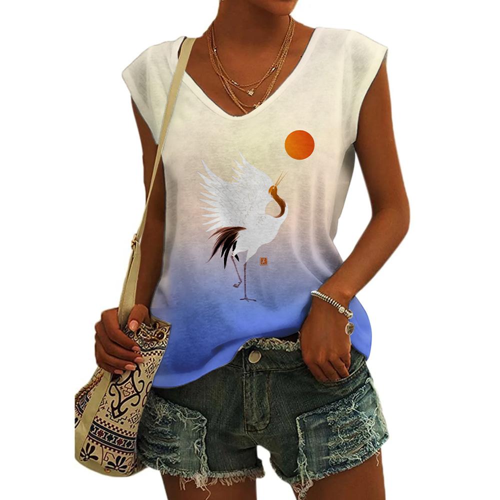 Women's Vest Crane Printed Sleeveless V-neck Tank Tops Female Clothing Fashion Streetwear Basic T-shirts Cap Sleeve Tops S-3XL