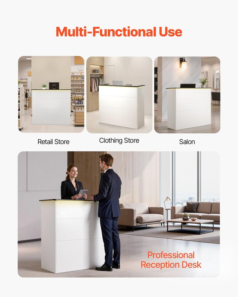 Reception Desk, 127.5cm Rectangular Front Counter Table, Modern Office Reception Desk with Light Strip, 3 Drawers & Storage Cabinets, Retail Counter