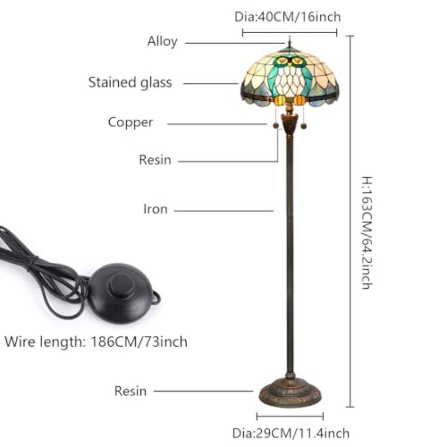 Tiffany Floor Lamp Owl Animal Stained Glass Lamp for Living Room Bedroom Office Bright Lighting Rustic Corner Decor Standing Ta