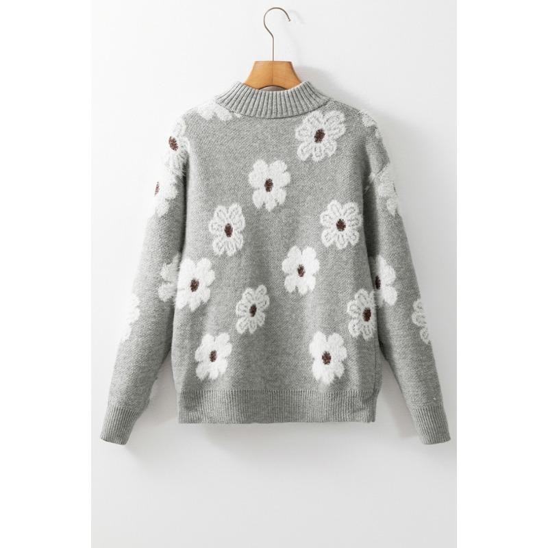Women's Floral Pattern Half-zip Sweater Winte Warm Print Sweater
