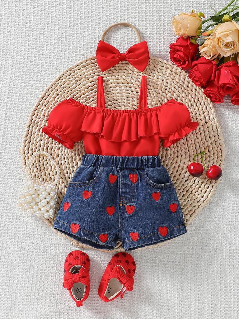 Two-piece set for baby girls: summer off-shoulder camisole with heart embroidered denim shorts