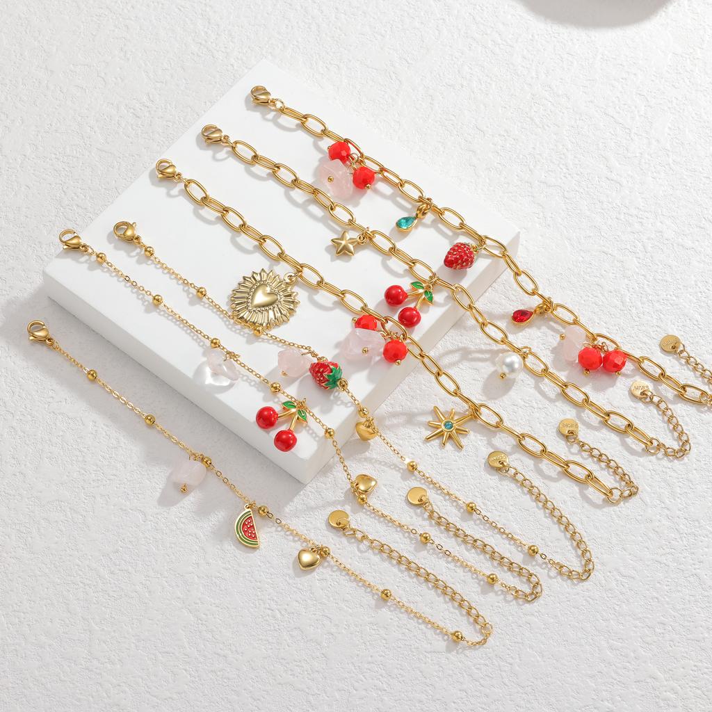 Atoztide Shell Starfish Conch Cherry Charm Bracelet for Women Girls Stainless Steel Gold Color Bead Chain Bracelet Jewelry Gift