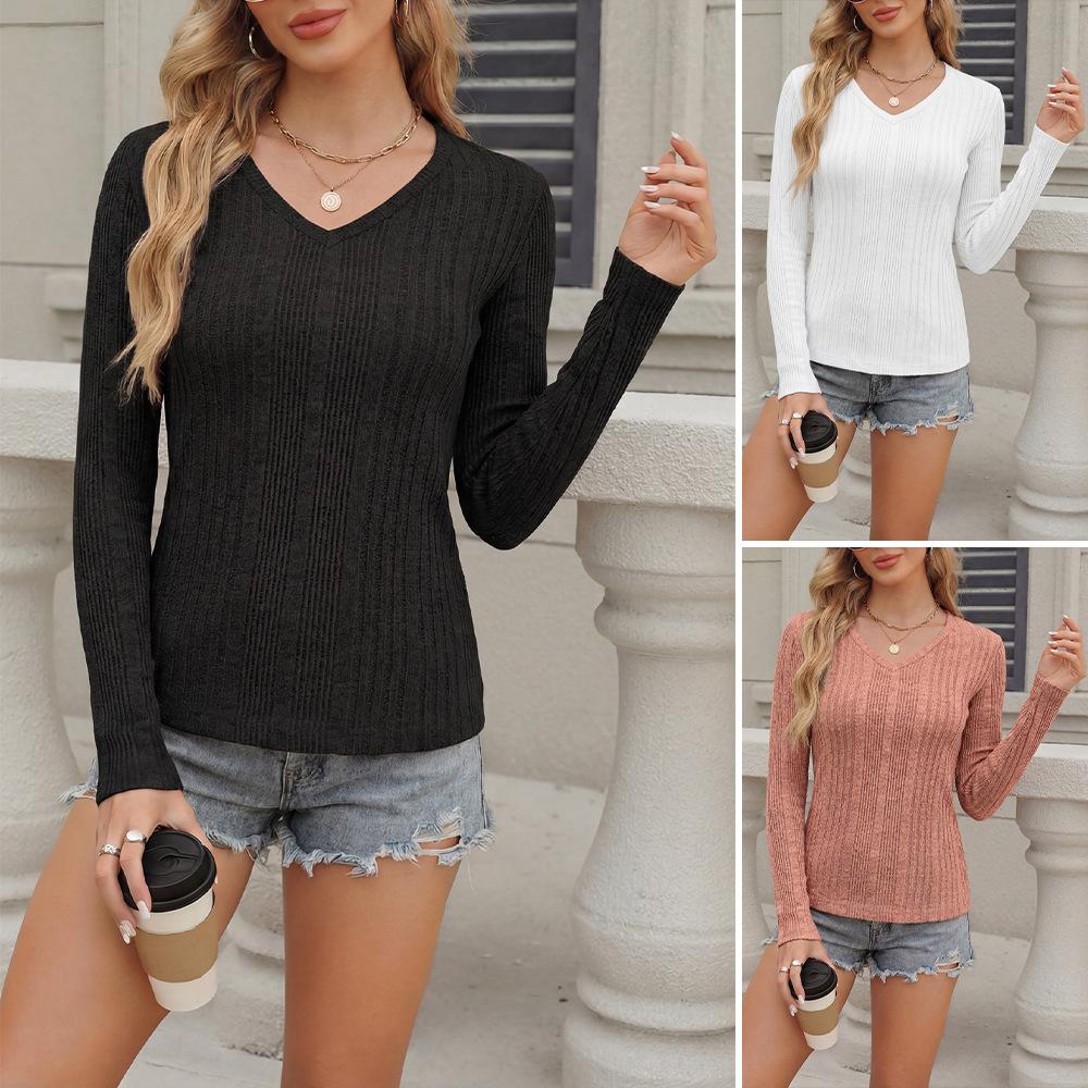 Women's V Neck Long Sleeve Slim Fit Ribbed Knit Solid Color Basic T Shirt Casual Daily Layering Top