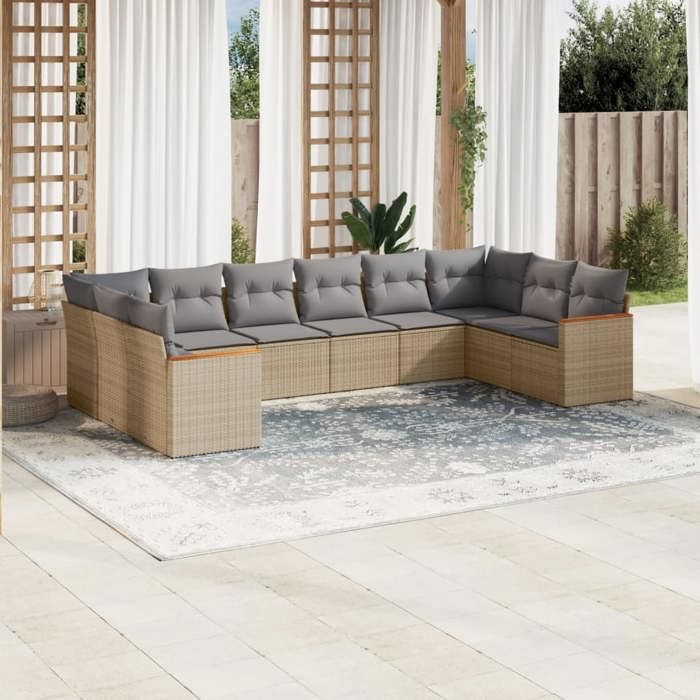 VidaXL Salon de Jardin avec Coussins 10 pcs, Canapés de Terrasse, Ensemble de Meubles de Patio, Mobilier d'Extérieur, Beige 3258727