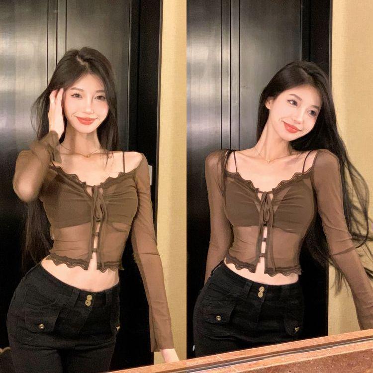 Women s Red Sheer Lace-Up Thai Spicy Long-Sleeve Sun Protection Top L (100-110 jin)