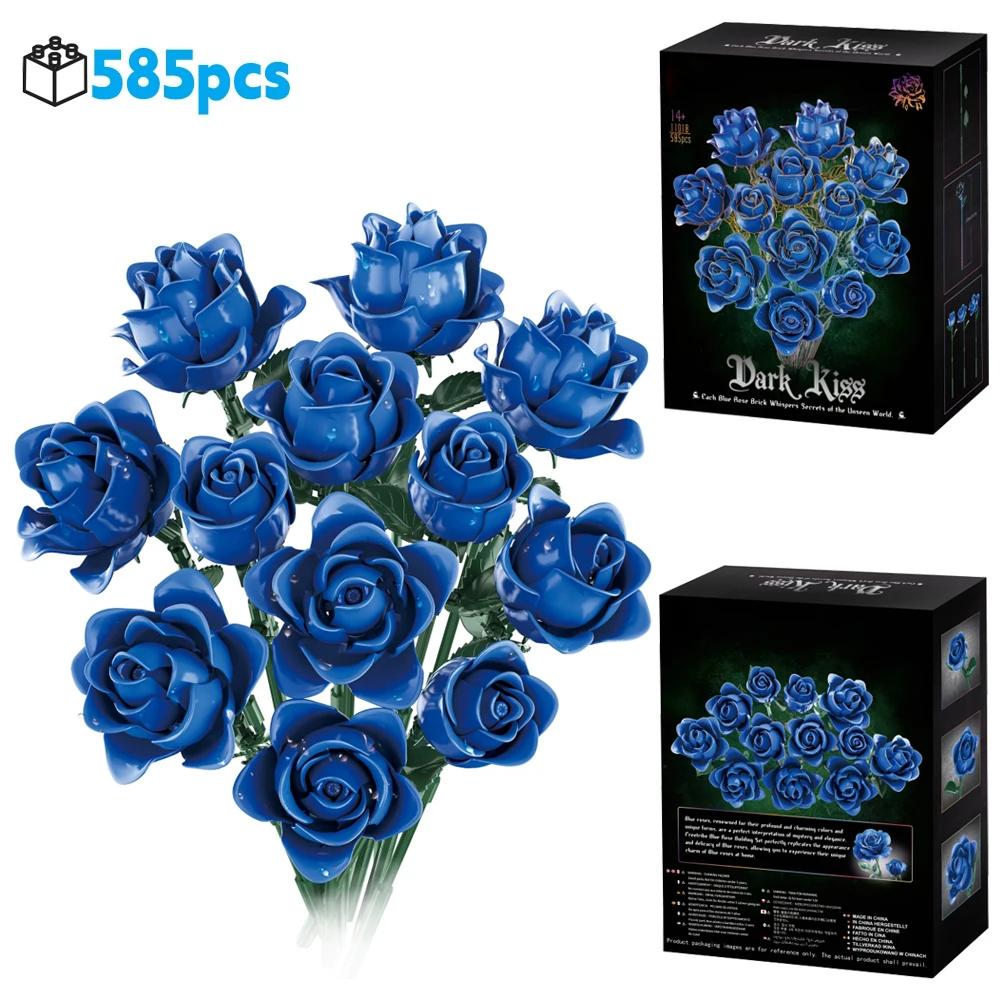 585Pcs Gothic Black Pink Blue Rose Flower Bouquet Building Blocks Set Creative Decoration Valentine Gift Idea Beautiful Box