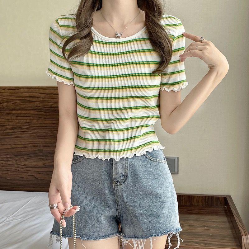 Short Sleeved Striped Knitted Sweater for Women In Summer Round Neck Fungus Edge Versatile Contrasting Color Short Style Slimming Effect on Clothes