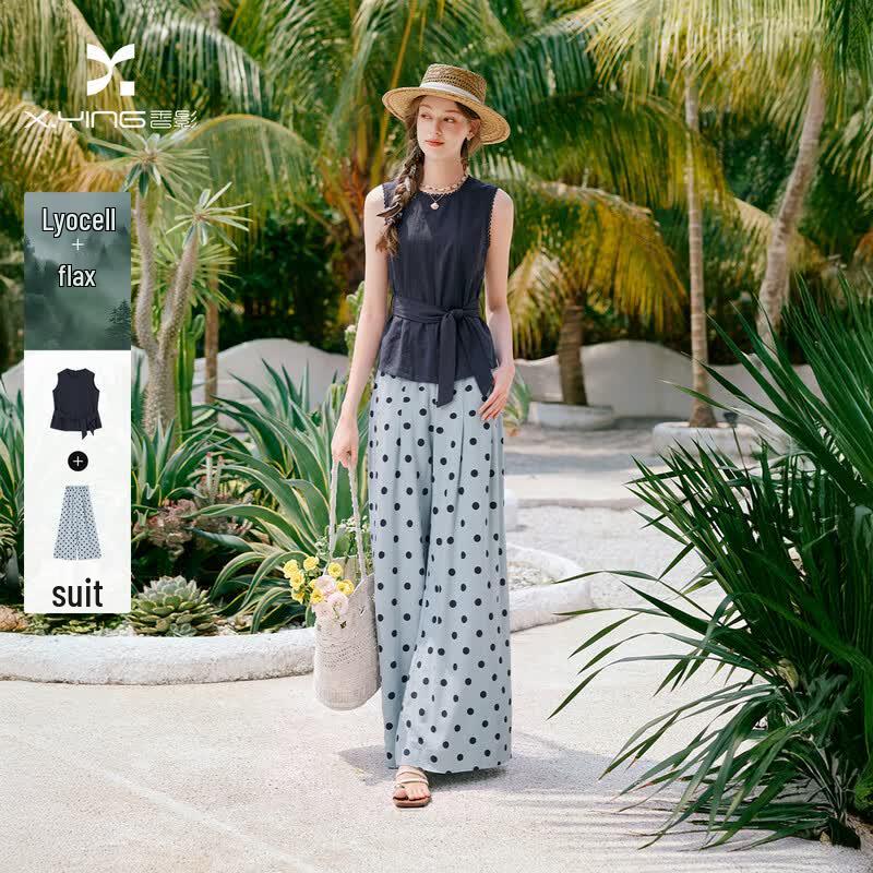 Women s French Retro Polka Dot Sleeveless Two-Piece Set L