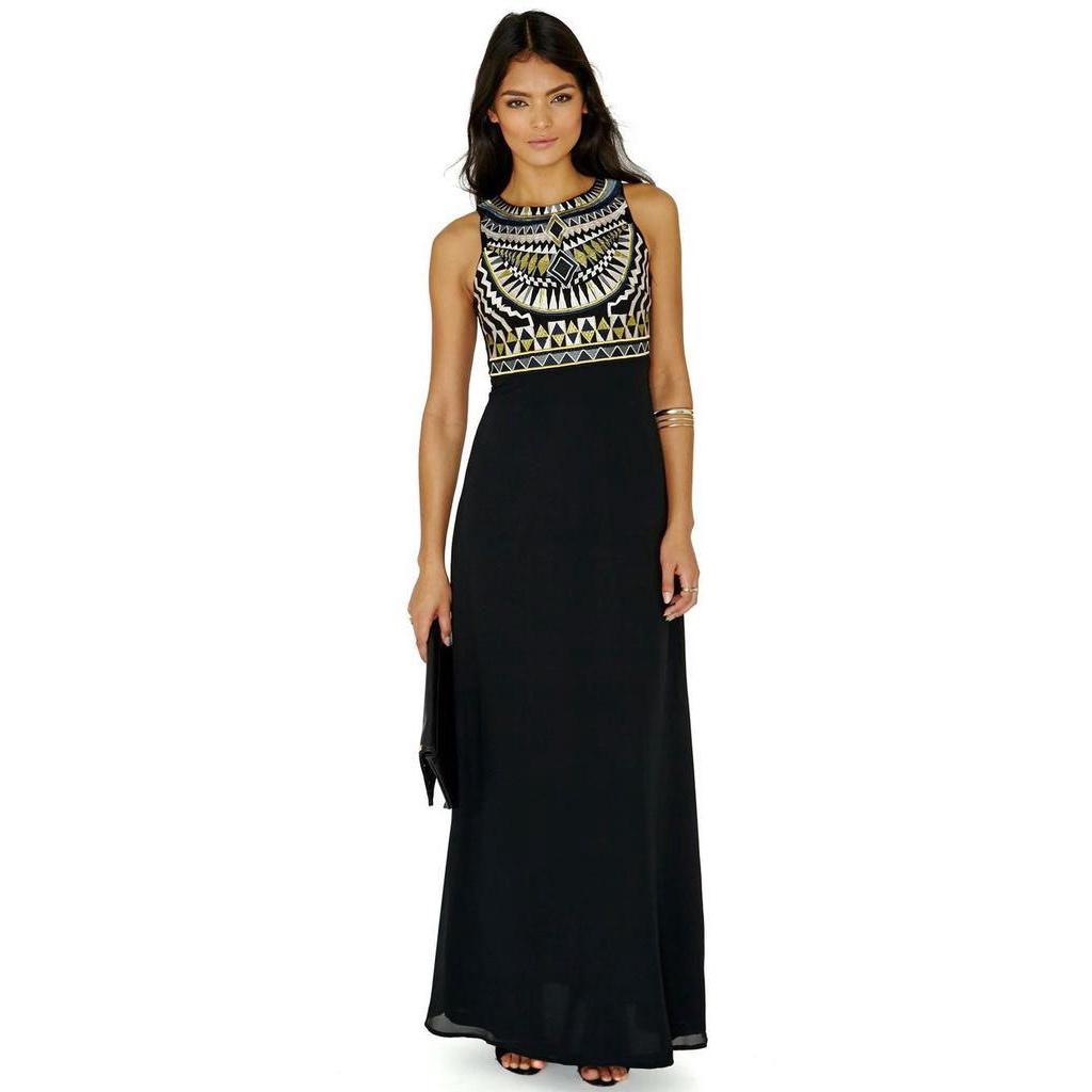 Elegant Women Round Neck Sleeveless Geometric Print Chiffon Dress Long Floor Length Stylish Casual Attire
