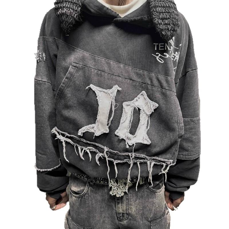 Oversized Distressed Hoodie Unisex Streetwear Loose Fit Graphic Print Black Cotton Blend 2025 Winter