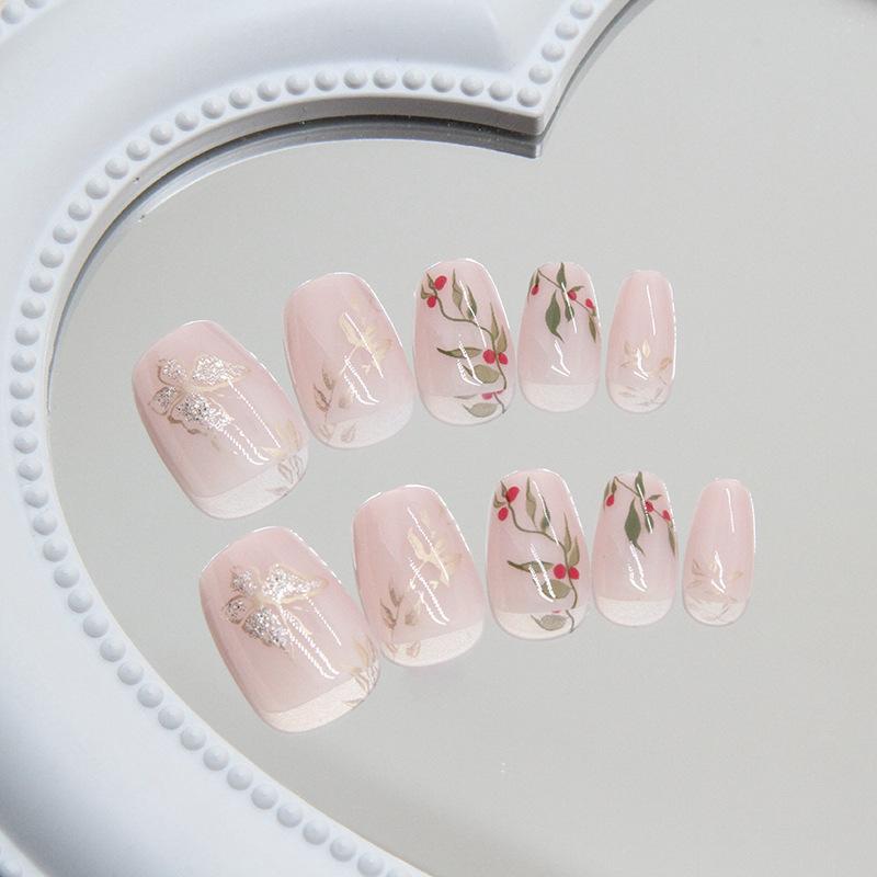 24 Pieces National Style Acacia Red Bean Wearing Nail Art Film Nail Film Short Fresh Fake Nail Ballet Nail Small Nail