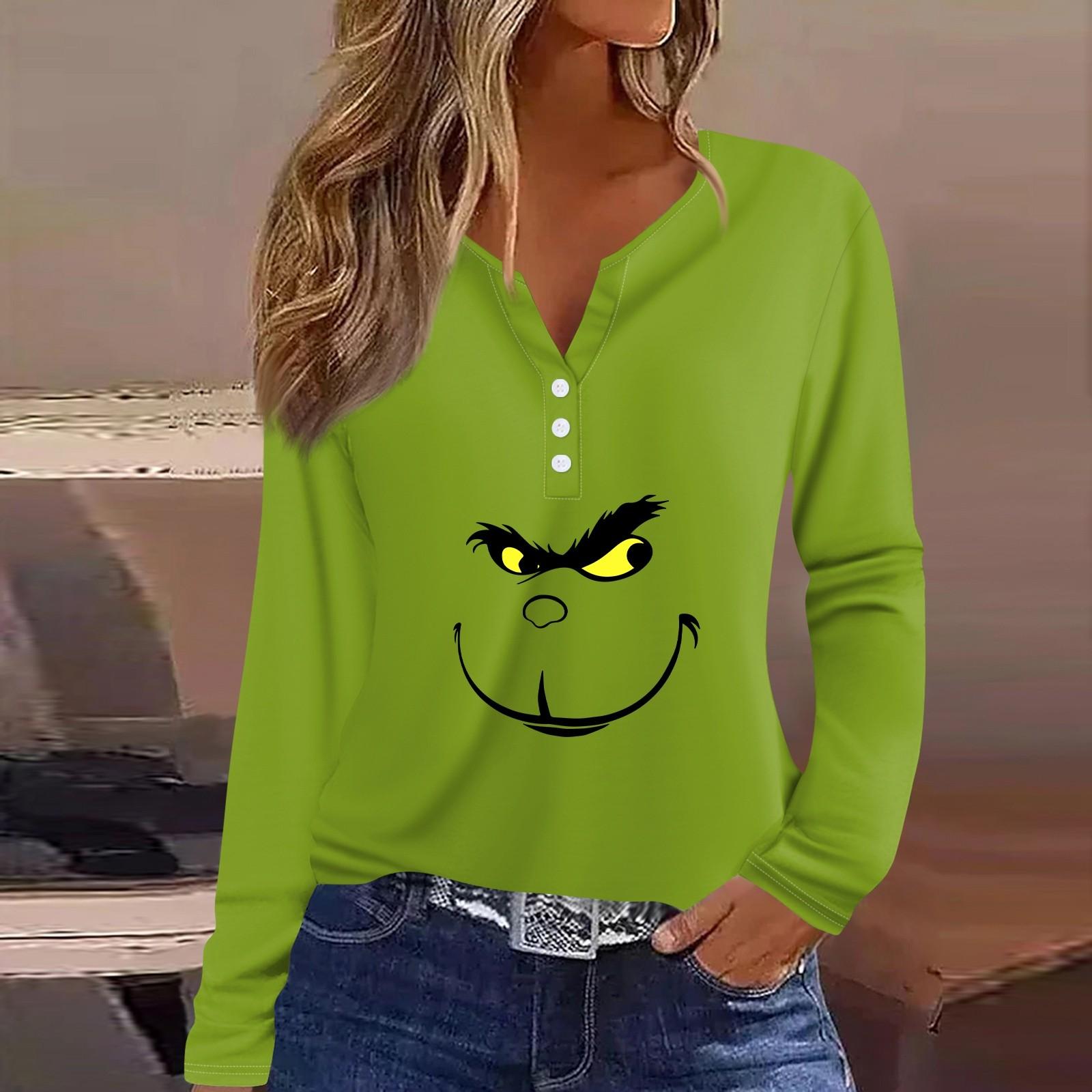 

Женская футболка с рождественским принтом на пуговицах с длинным рукавом, повседневная, выходного дня, модная, базовая, с V-образным вырезом, обычная L