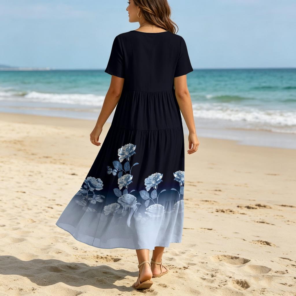 Women’s Short Sleeve V Neck Casual Loose Fit Maxi Dress with Geometric Print and Tiered Skirt for Daily Wear