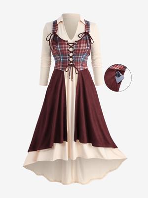 Rosegal Plus Size Plaid Grommets Lace Up Tie Pockets Layered Shirt Collar 2 In 1 Dress