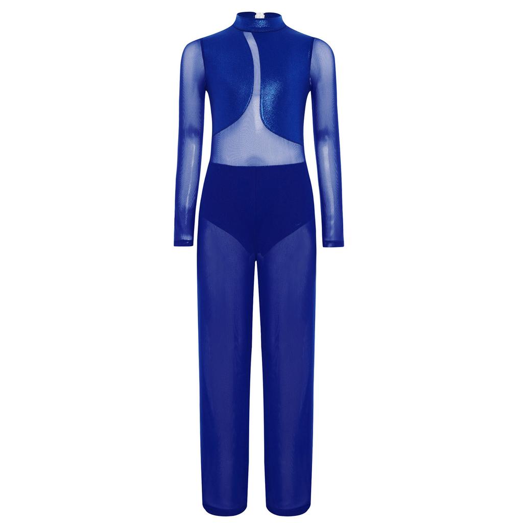 Girls Gymnastics Performance Costume Sheer Mesh Patchwork Wide Leg Metallic Long Sleeve Jumpsuit