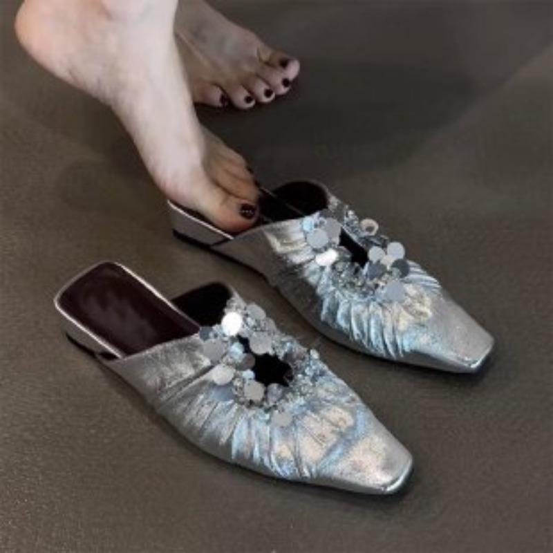 

Fashion Pleated Cutout Sequin Slippers Baotou 2025 Summer Outside French Square Toe Women s Half Slippers 35