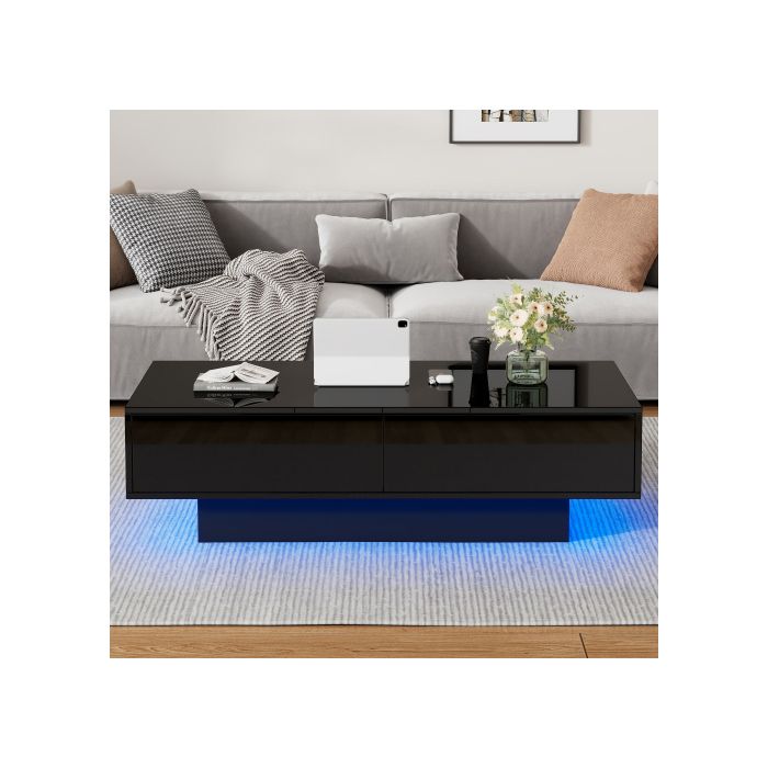 Table basse - MUVOE - Moderne - Noir brillant - 2 tiroirs - Éclairage LED