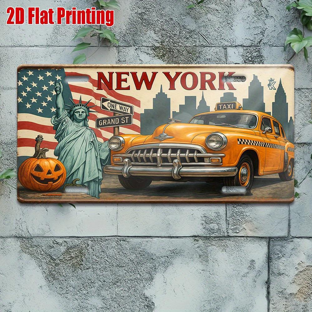 Piatto 2D, 1 Pezzo Targa Metallica Vintage New York - Design Retro Taxi e Statua della Libertà - Tema New York per Garage, Caffè,