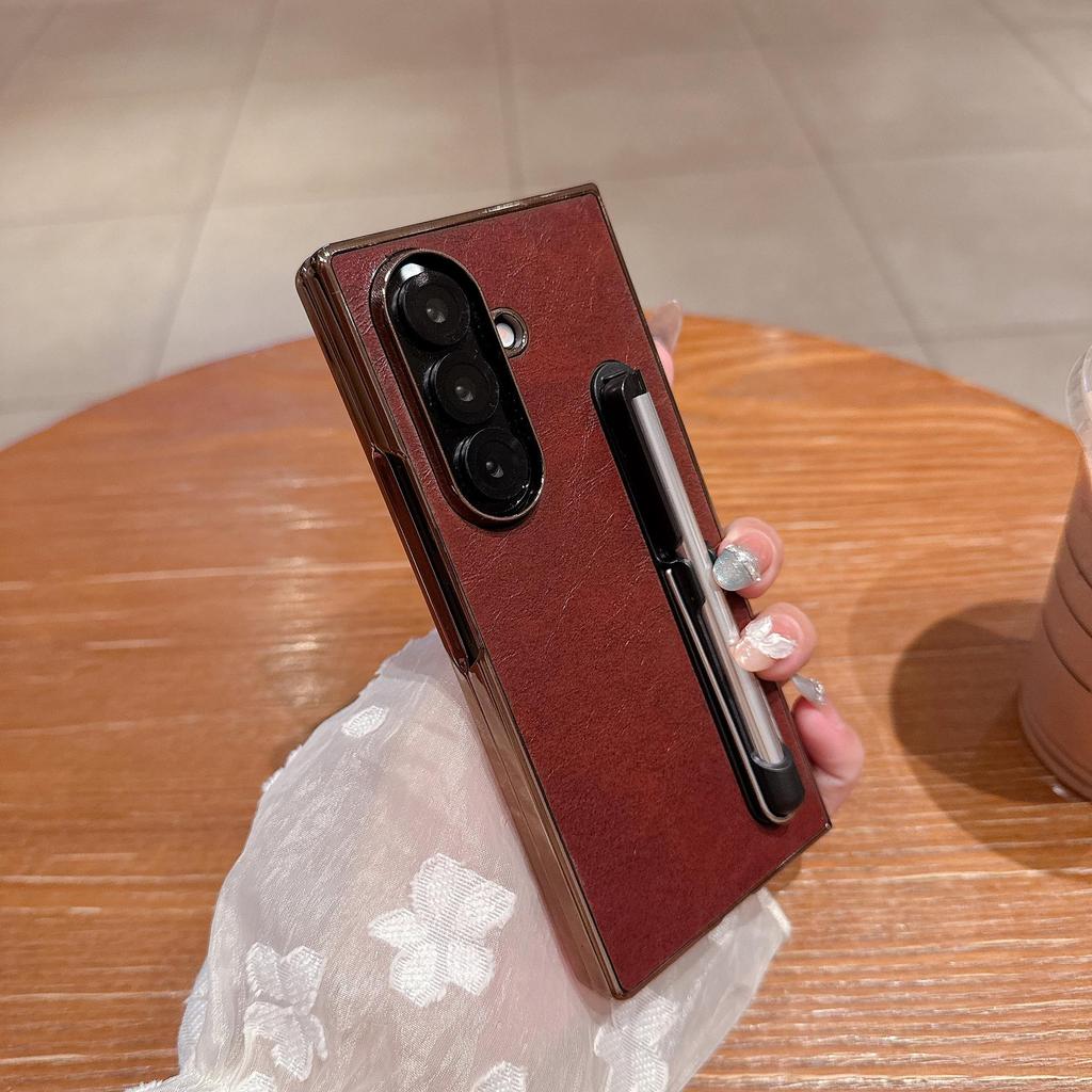 Samsung Z Fold7 Electroplated Leather Case with Stand & Stylus for Z Fold6/5/4/3